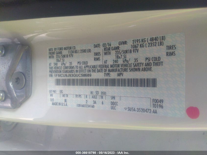 2016 FORD ESCAPE TITANIUM - 1FMCU9J93GUC58689