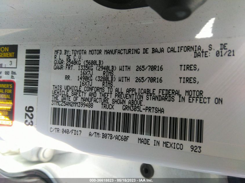 2021 TOYOTA TACOMA 4WD SR/SR5/TRD SPORT - 3TMCZ5AN2MM399488