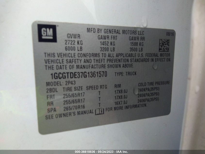 2016 CHEVROLET COLORADO 4WD Z71 - 1GCGTDE37G1361570
