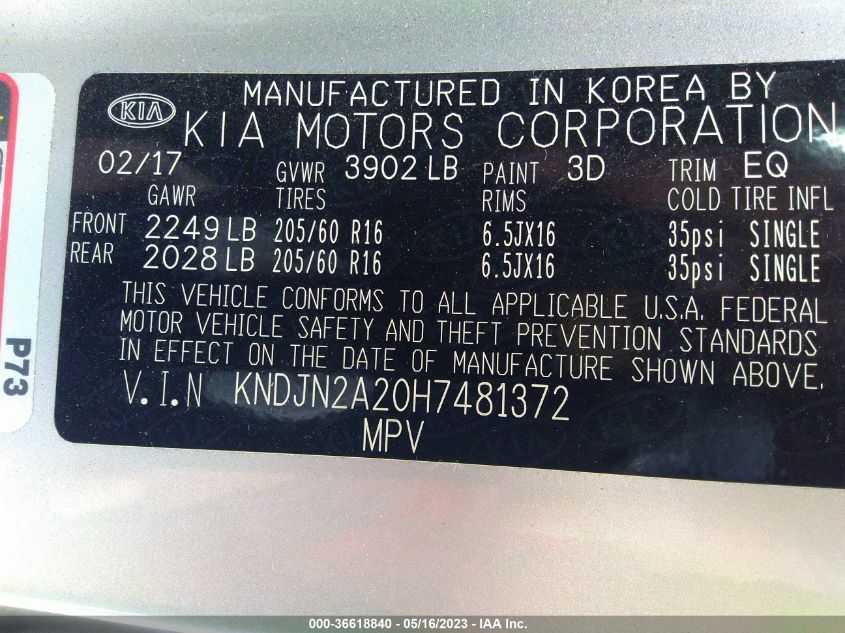 2017 KIA SOUL BASE - KNDJN2A20H7481372