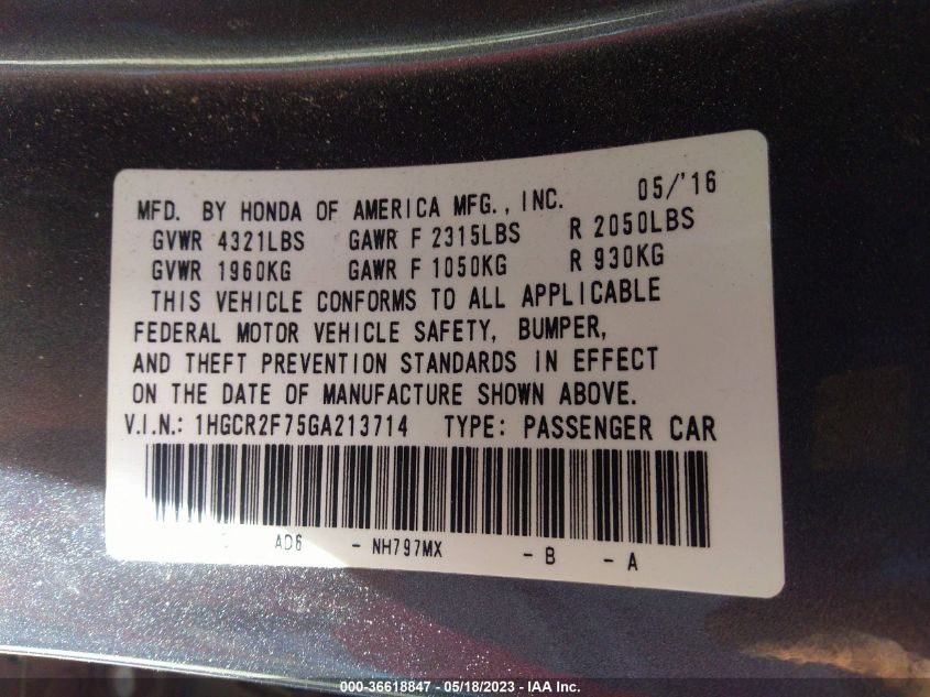 2016 HONDA ACCORD SEDAN EX - 1HGCR2F75GA213714