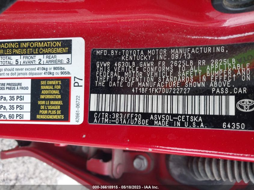 2013 TOYOTA CAMRY L/LE/SE/XLE - 4T1BF1FK7DU722727