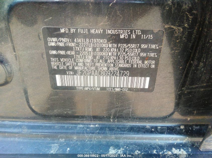 2016 SUBARU CROSSTREK - JF2GPAAC8G9224729