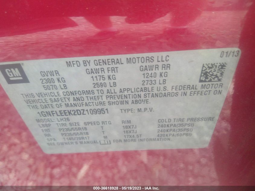 2013 CHEVROLET EQUINOX LT - 1GNFLEEK2DZ109951