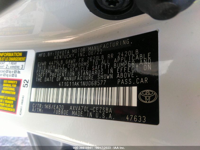 2022 TOYOTA CAMRY SE - 4T1G11AK1NU068577