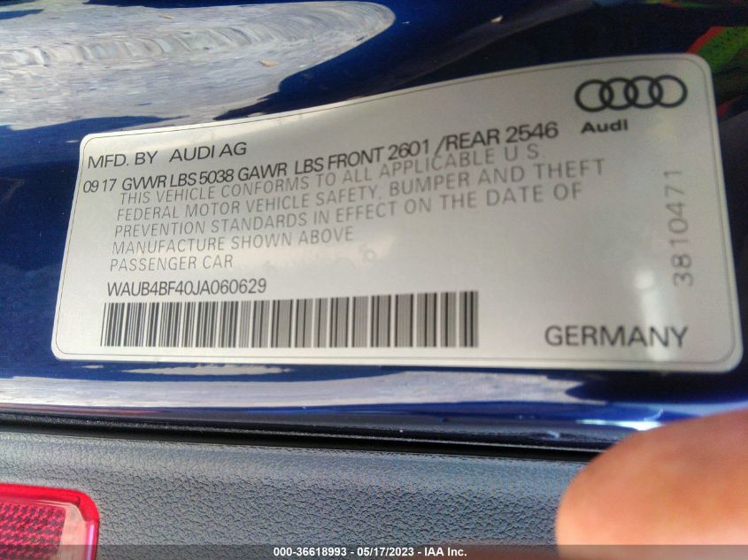 2018 AUDI S4 PREMIUM PLUS - WAUB4BF40JA060629