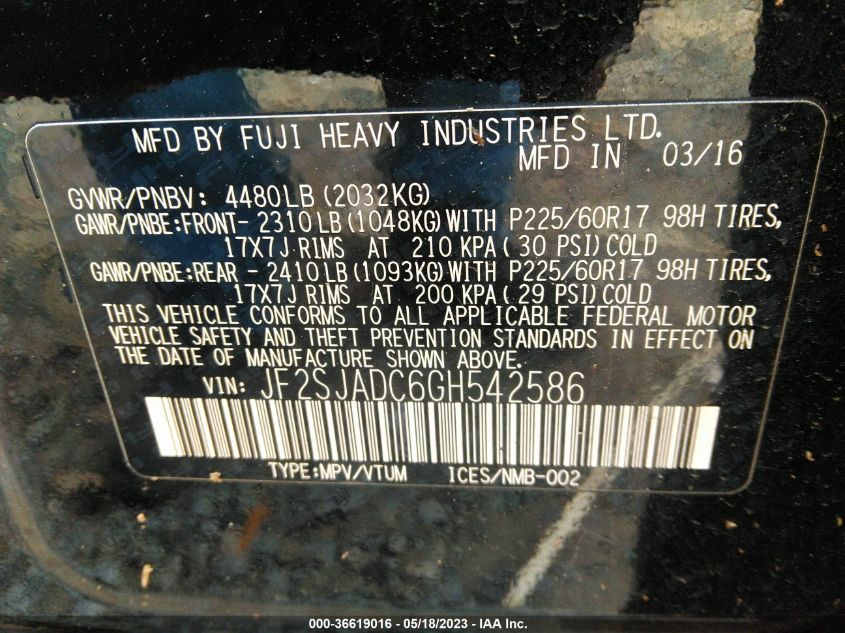 2016 SUBARU FORESTER 2.5I PREMIUM - JF2SJADC6GH542586