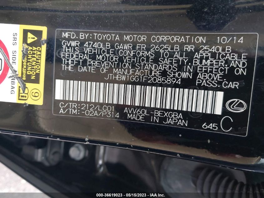 2015 LEXUS ES 300H HYBRID - JTHBW1GG1F2085894