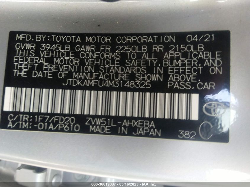 2021 TOYOTA PRIUS L - JTDKAMFU4M3148325
