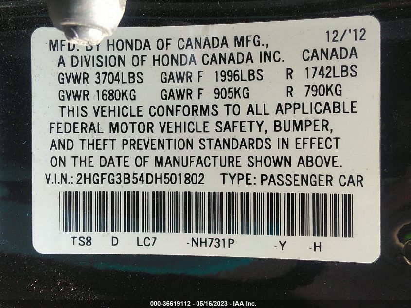 2013 HONDA CIVIC CPE LX - 2HGFG3B54DH501802