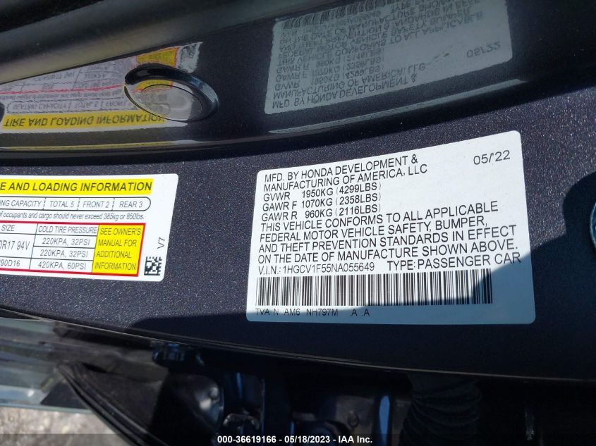 2022 HONDA ACCORD SEDAN EX-L - 1HGCV1F55NA055649