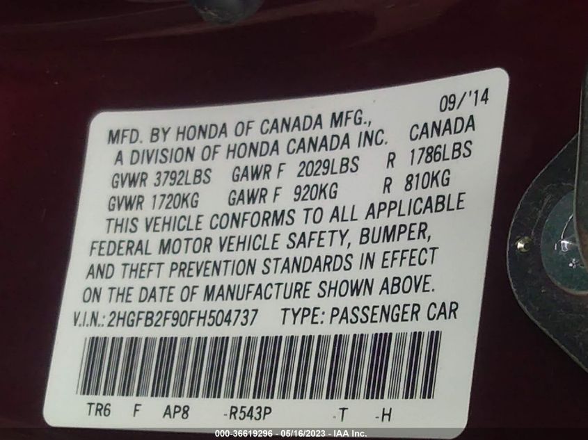 2015 HONDA CIVIC SEDAN EX-L - 2HGFB2F90FH504737