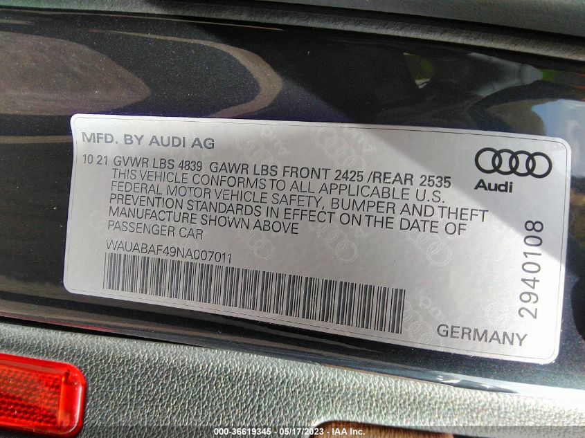 2022 AUDI A4 SEDAN PREMIUM - WAUABAF49NA007011