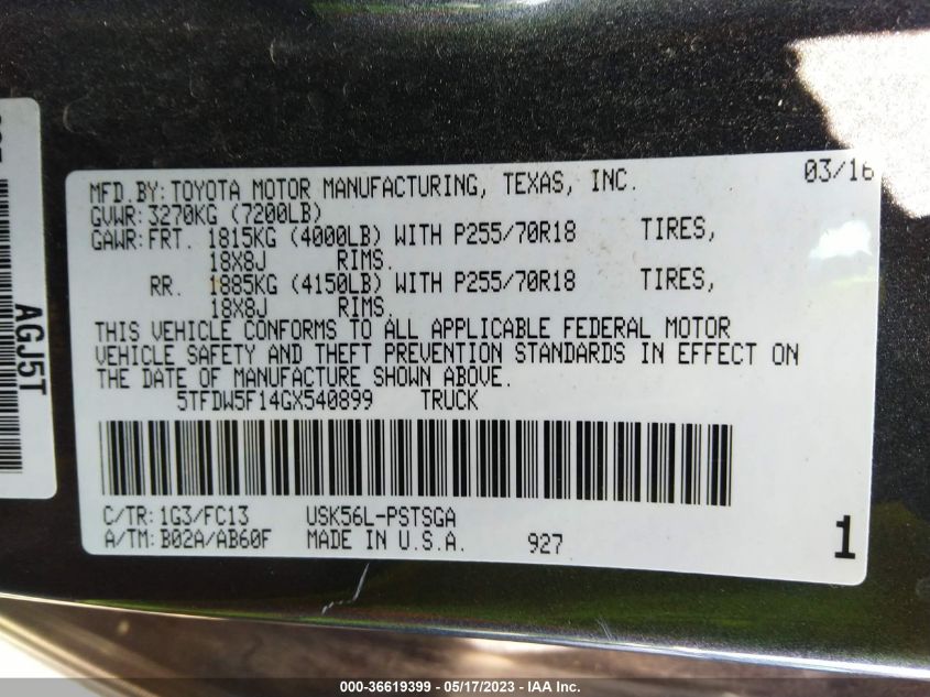 2016 TOYOTA TUNDRA 4WD TRUCK SR5/TRD PRO - 5TFDW5F14GX540899