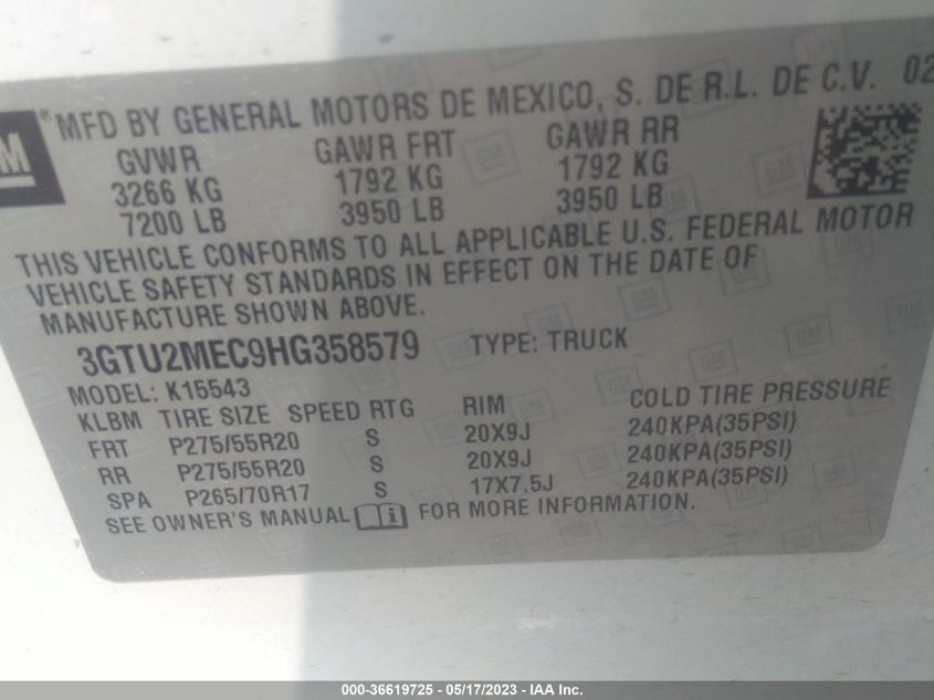 2017 GMC SIERRA 1500 SLE - 3GTU2MEC9HG358579
