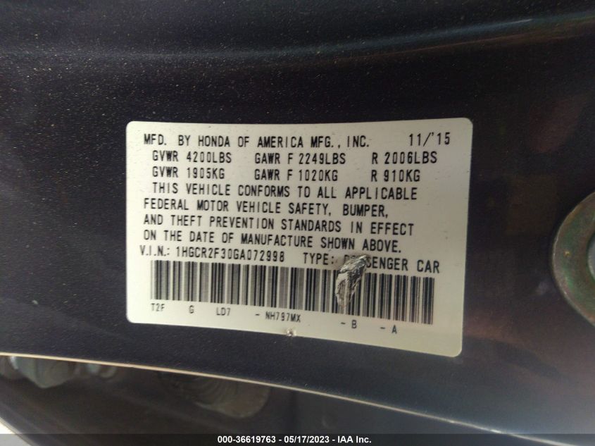 2016 HONDA ACCORD SEDAN LX - 1HGCR2F30GA072998