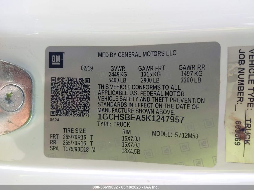2019 CHEVROLET COLORADO 2WD WORK TRUCK - 1GCHSBEA5K1247957