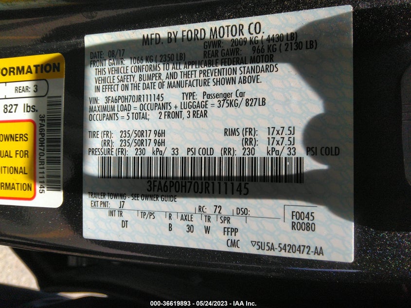 VIN 3FA6P0H70JR111145 2018 FORD FUSION SE