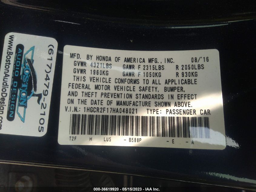 2017 HONDA ACCORD SEDAN SPORT SE - 1HGCR2F17HA048021