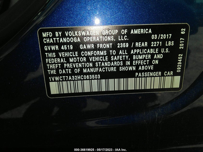 VIN 1VWCT7A32HC063503 2017 VOLKSWAGEN PASSAT 1.8T SEL PREMIUM