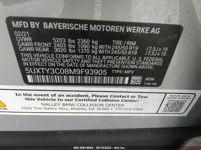 2021 BMW X3 SDRIVE30I - 5UXTY3C08M9F93905