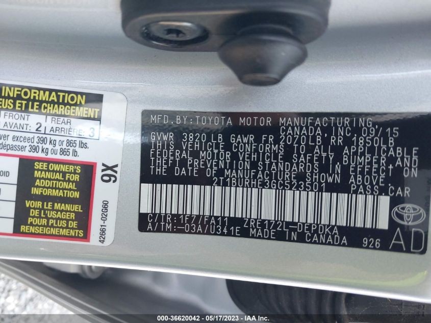 2016 TOYOTA COROLLA L/LE/S/S PLUS/LE PLUS - 2T1BURHE3GC523501