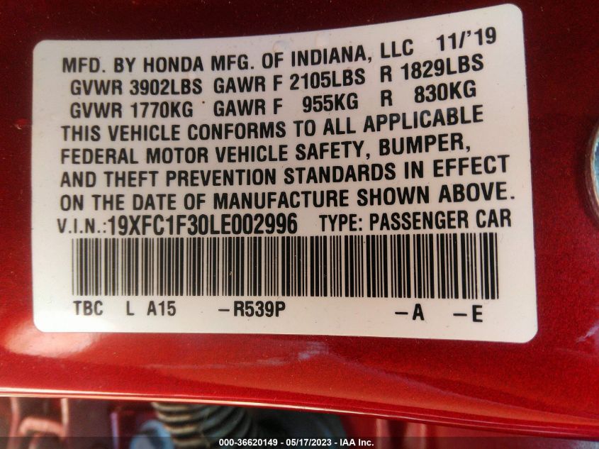 2020 HONDA CIVIC SEDAN EX - 19XFC1F30LE002996