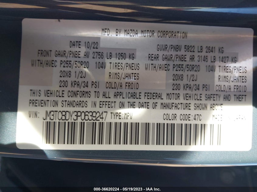 VIN JM3TCBDY3P0639247 2023 MAZDA CX-9 CARBON EDITION