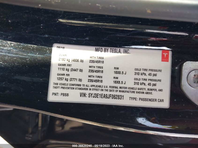 2018 TESLA MODEL 3 RANGE BATTERY - 5YJ3E1EA9JF062831