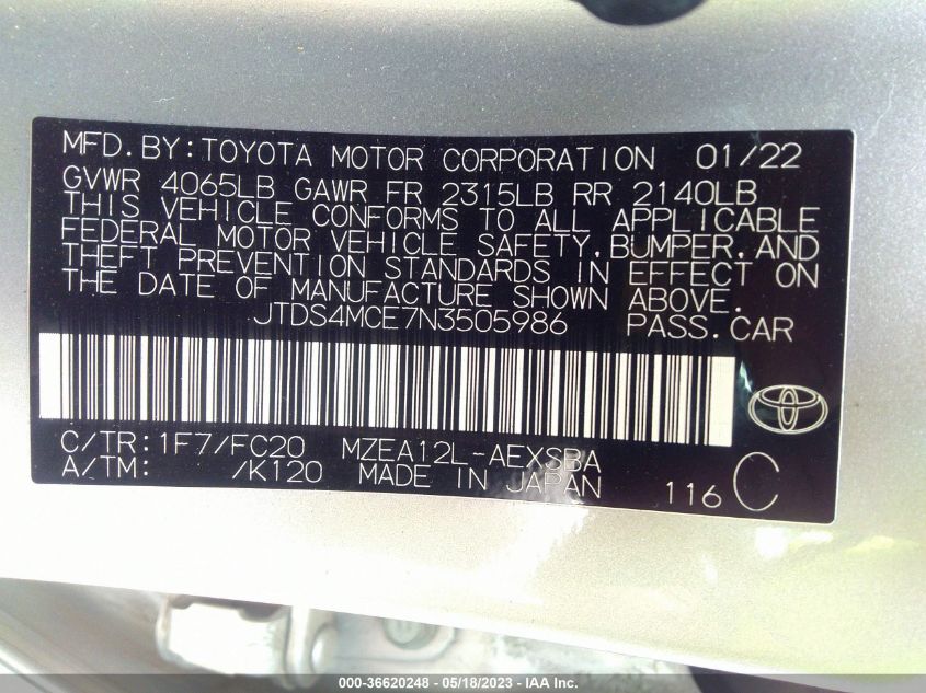 2022 TOYOTA COROLLA SE/SE NIGHTSHADE/APEX SE - JTDS4MCE7N3505986