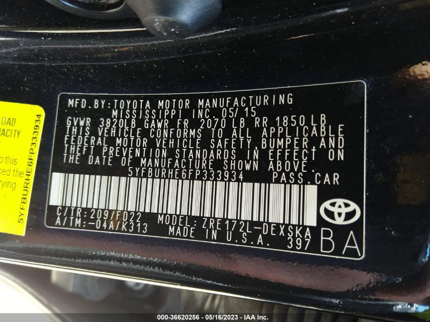 2015 TOYOTA COROLLA L/LE/S/S PLUS/LE PLUS - 5YFBURHE6FP333934