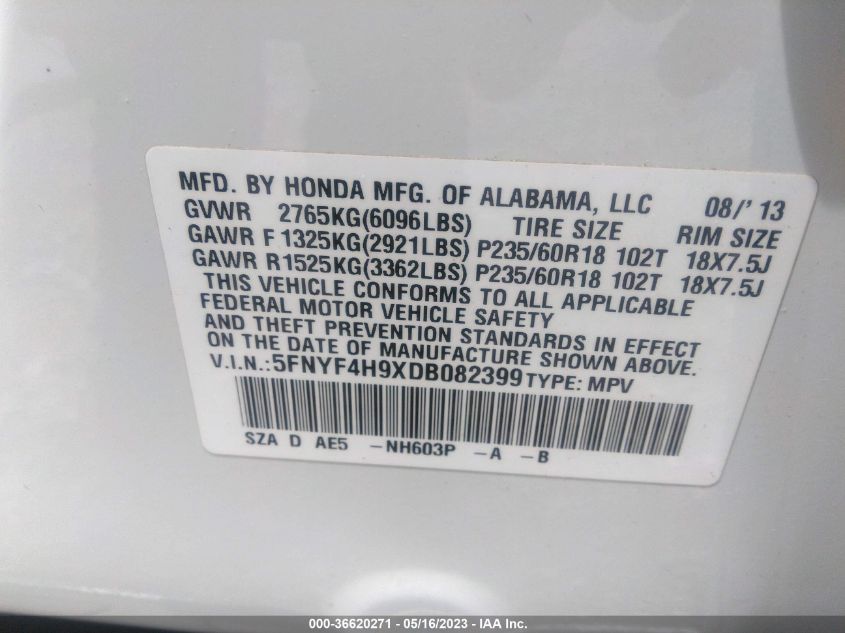 2013 HONDA PILOT TOURING - 5FNYF4H9XDB082399
