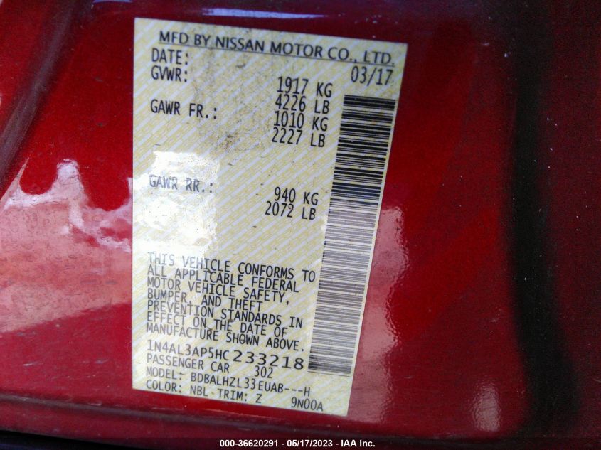 2017 NISSAN ALTIMA 2.5 SR - 1N4AL3AP5HC233218