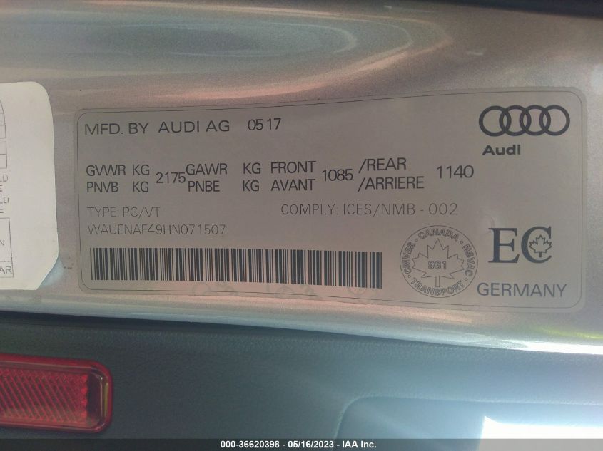 2017 AUDI A4 PREMIUM PLUS - WAUENAF49HN071507