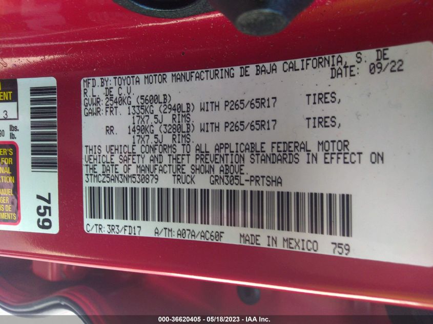 2022 TOYOTA TACOMA 4WD SR/SR5/TRD SPORT - 3TMCZ5AN3NM530879