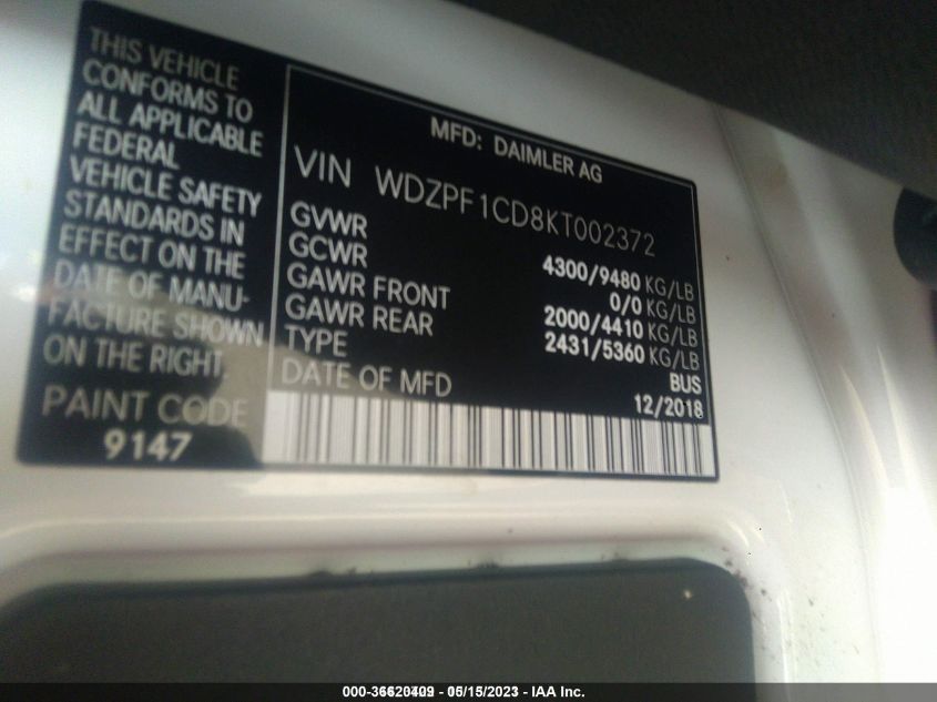 2019 MERCEDES-BENZ SPRINTER 2500 HIGH ROOF V6 WDZPF1CD8KT002372