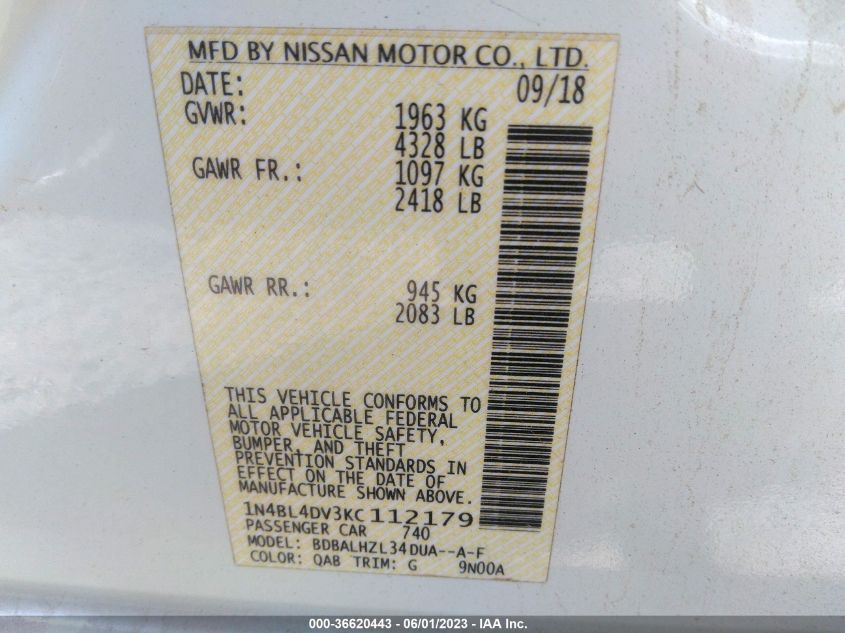 2019 NISSAN ALTIMA 2.5 SV - 1N4BL4DV3KC112179