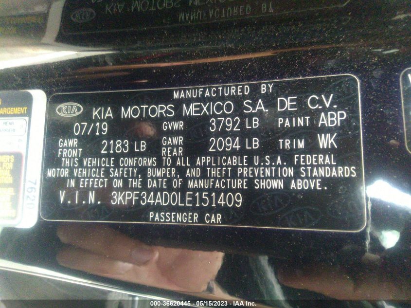 2020 KIA FORTE GT-LINE - 3KPF34AD0LE151409