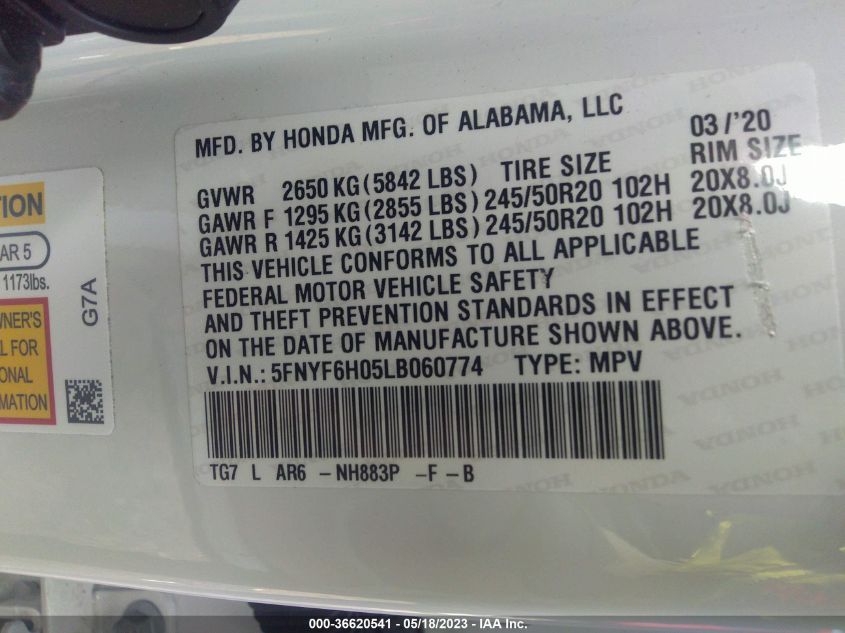 2020 HONDA PILOT ELITE - 5FNYF6H05LB060774