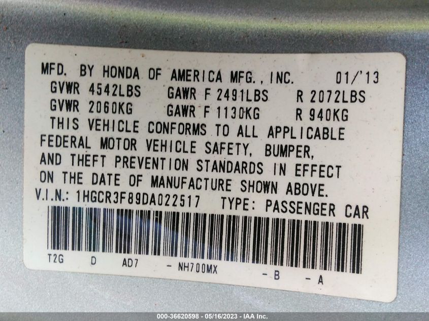 2013 HONDA ACCORD SDN EX-L - 1HGCR3F89DA022517