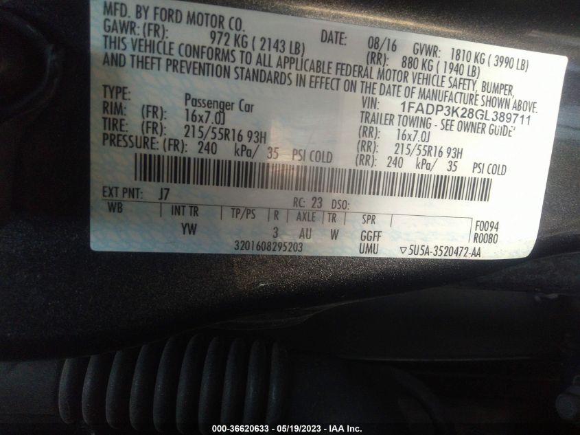 2016 FORD FOCUS SE - 1FADP3K28GL389711