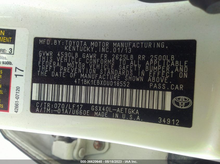 2013 TOYOTA AVALON XLE/LIMITED - 4T1BK1EBXDU018552