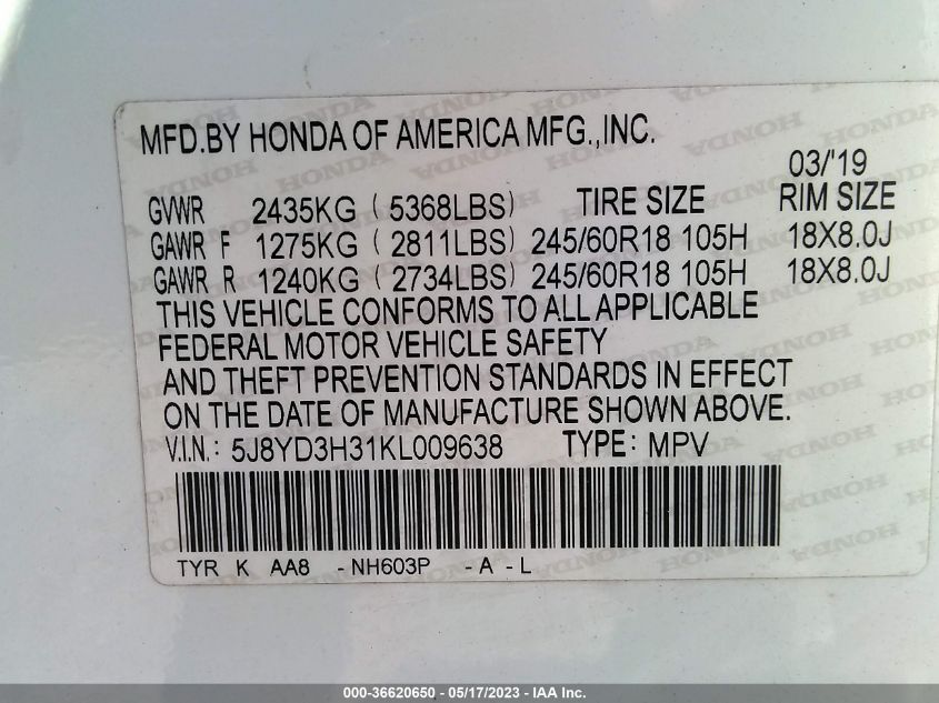 2019 ACURA MDX - 5J8YD3H31KL009638