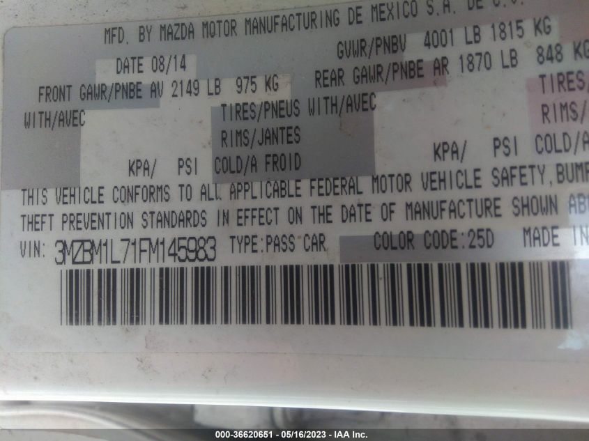 2015 MAZDA MAZDA3 I TOURING - 3MZBM1L71FM145983