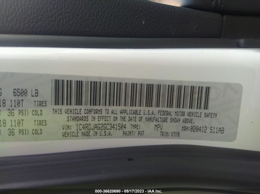 2016 DODGE DURANGO SXT - 1C4RDJAG2GC341504