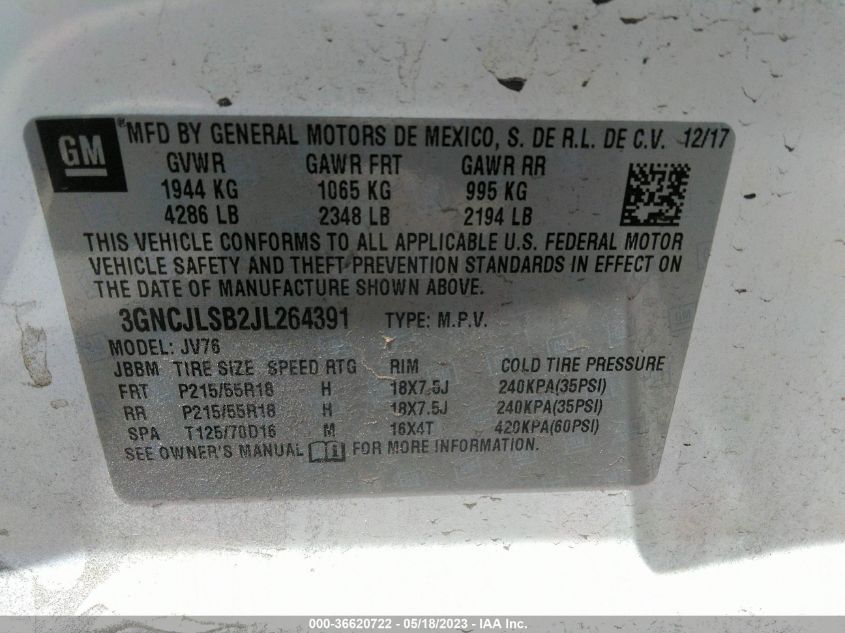 2018 CHEVROLET TRAX LT - 3GNCJLSB2JL264391