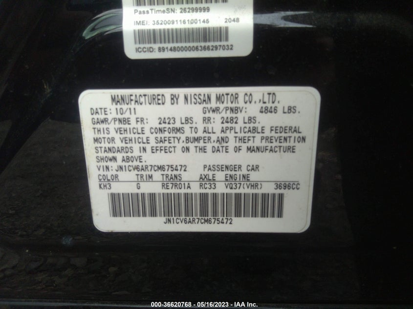 INFINITI G37 SEDAN 2012 VIN JN1CV6AR7CM675472