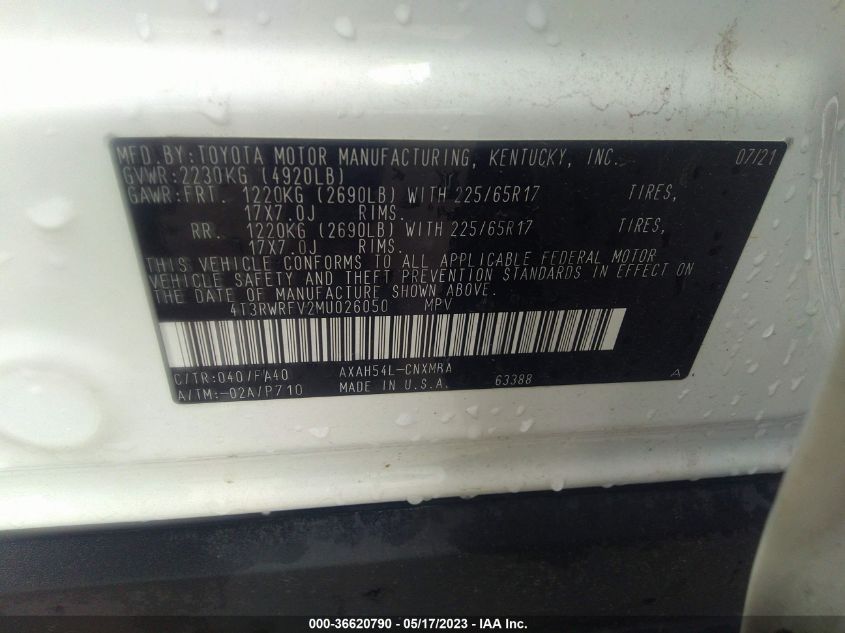2021 TOYOTA RAV4 HYBRID XLE - 4T3RWRFV2MU026050