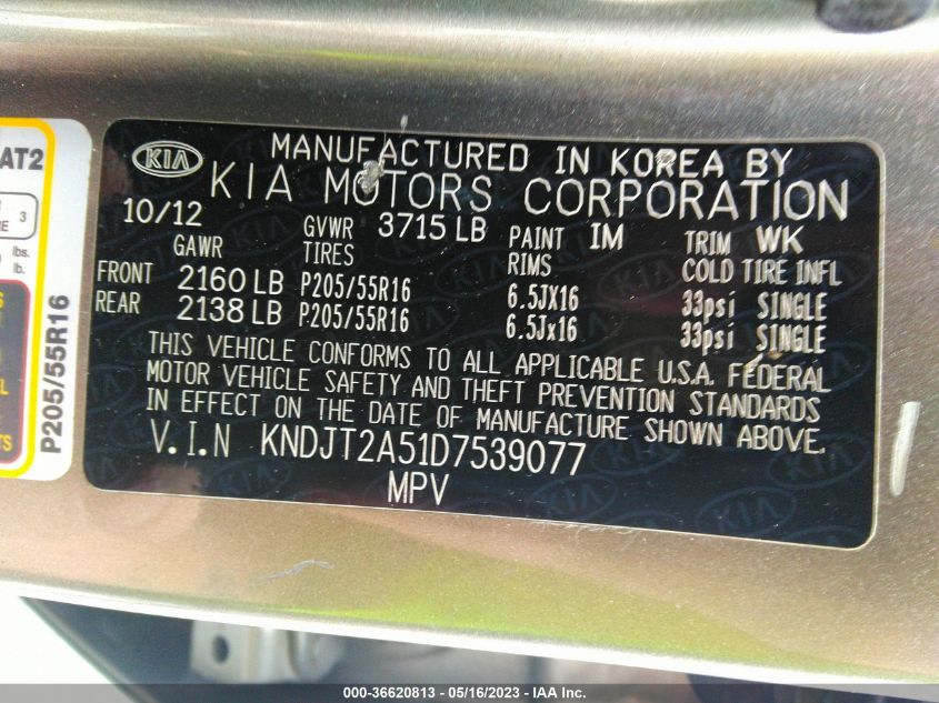 2013 KIA SOUL BASE - KNDJT2A51D7539077