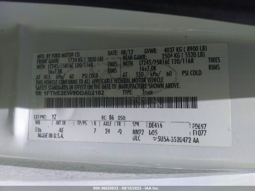 2013 FORD ECONOLINE CARGO VAN COMMERCIAL/RECREATIONAL 1FTNE2EW9DDA02182
